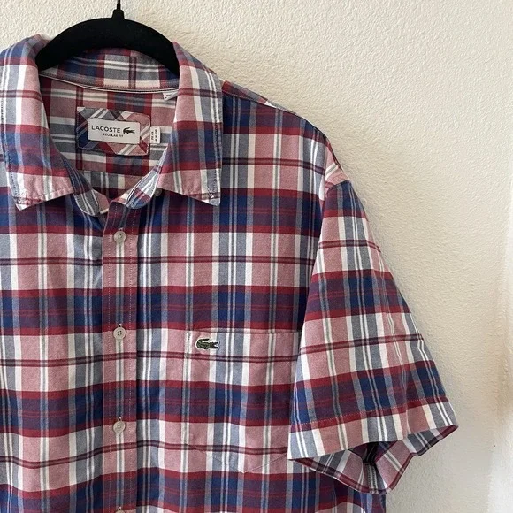Lacoste Men's Shirt Size 45 (XL/2XL) Cotton Plaid Short Sleeve Collared Preppy - Picture 5 of 13